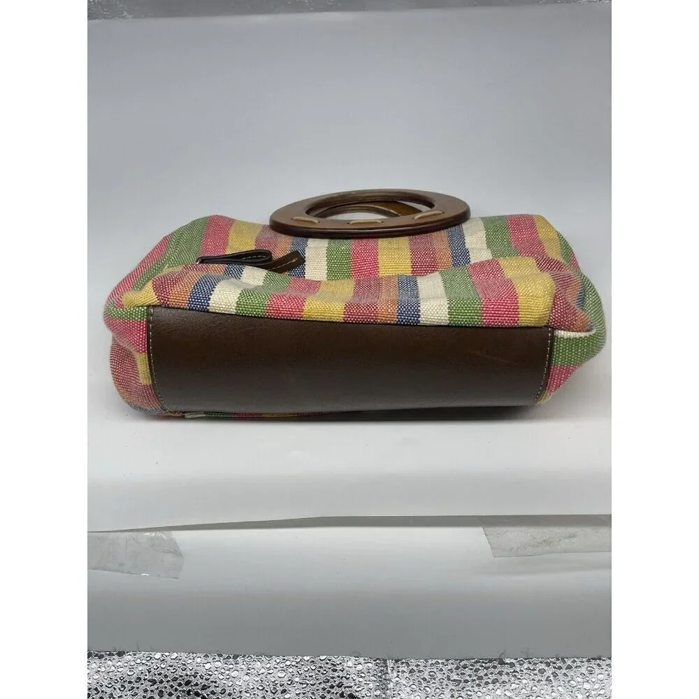RELIC Wooden Handled Purse Pink, Tan and Orange‎ Stripes Coastal Bohemian Beach
